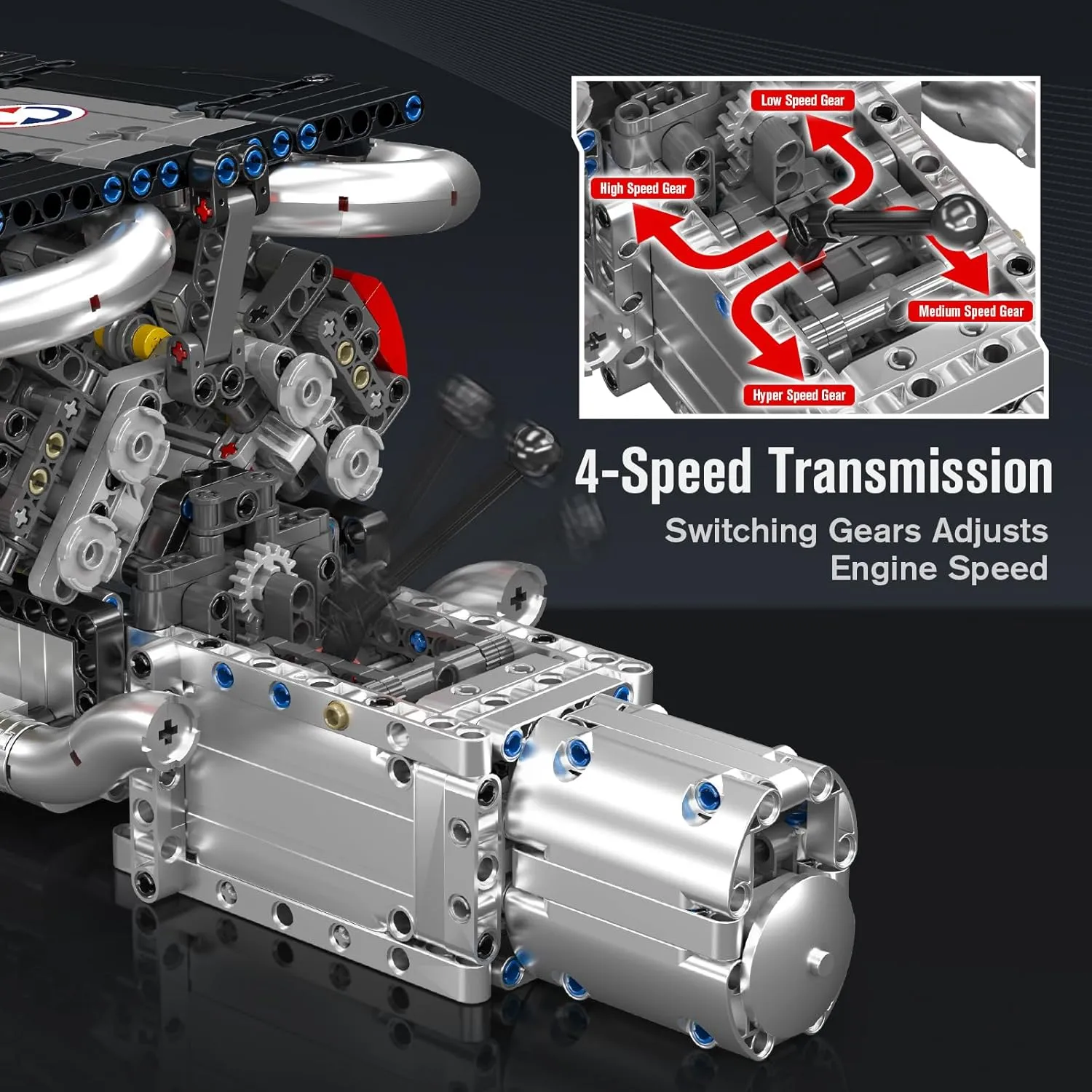 Mould King 10203 V8 Engine Building Kit for Adults, MOC Ideas Mini 4-Speed Transmission V8 Engine Model Toy for Display, STEM Building Project for Boys 8-14(1169 PCS)