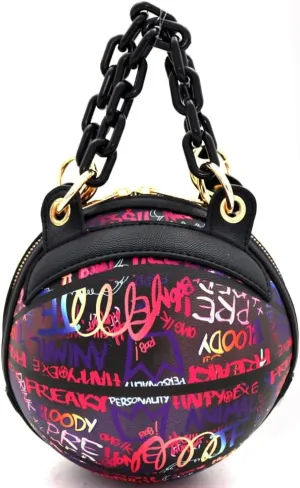 Multicolored Graffiti Print Round Ball Shape Unique Clutch Top-Handle Satchel Handbag