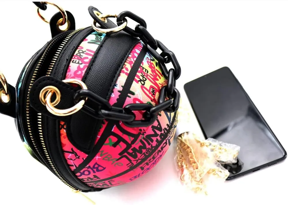 Multicolored Graffiti Print Round Ball Shape Unique Clutch Top-Handle Satchel Handbag