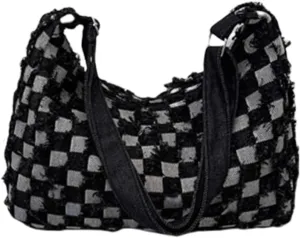 Multipurpose Jean Shoulder Bag Distressed Denims Checkered Crossbody Handbag College Student School Book Bag for Women