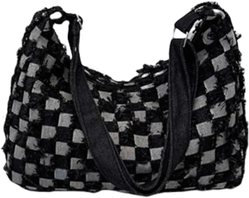 Multipurpose Jean Shoulder Bag Distressed Denims Checkered Crossbody Handbag College Student School Book Bag for Women