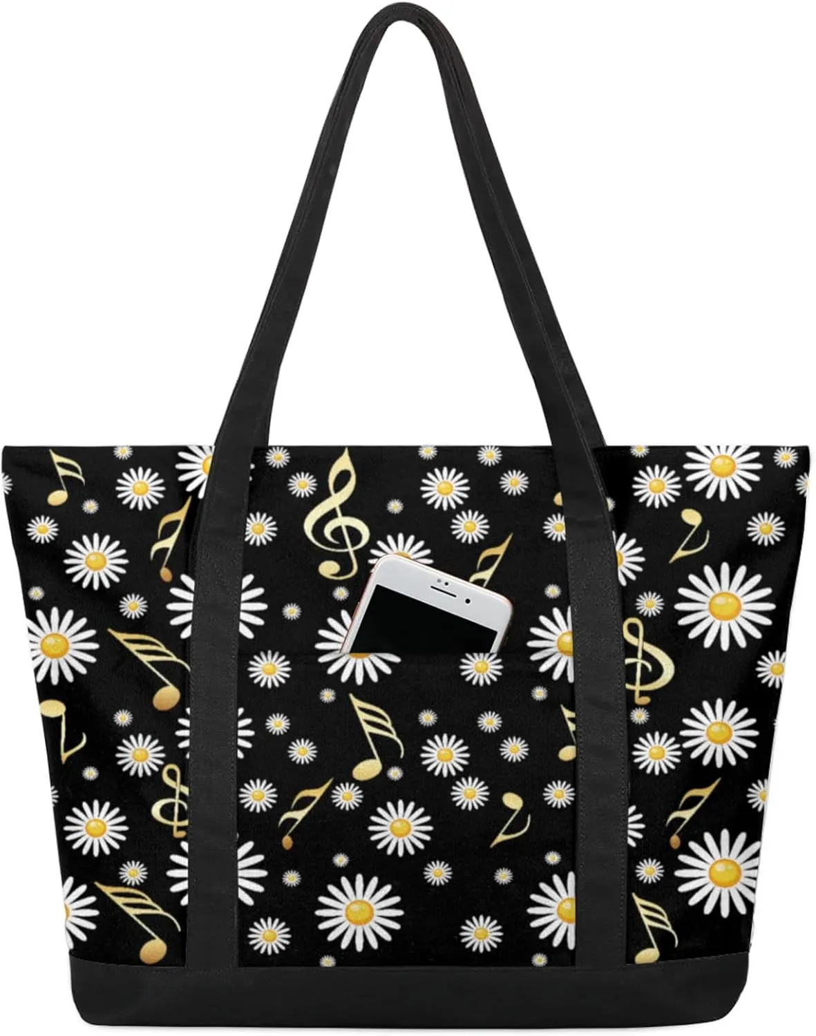 Music Notes Wall Canvas Tote Bag Casual Shoulder Handbag Large Shopping Bags With 5 Pocket Carry On Weekender Backpack for Women Travel Work Gifts Duffle Grocery Compartment