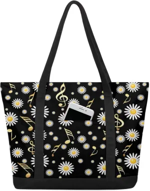Music Notes Wall Canvas Tote Bag Casual Shoulder Handbag Large Shopping Bags With 5 Pocket Carry On Weekender Backpack for Women Travel Work Gifts Duffle Grocery Compartment