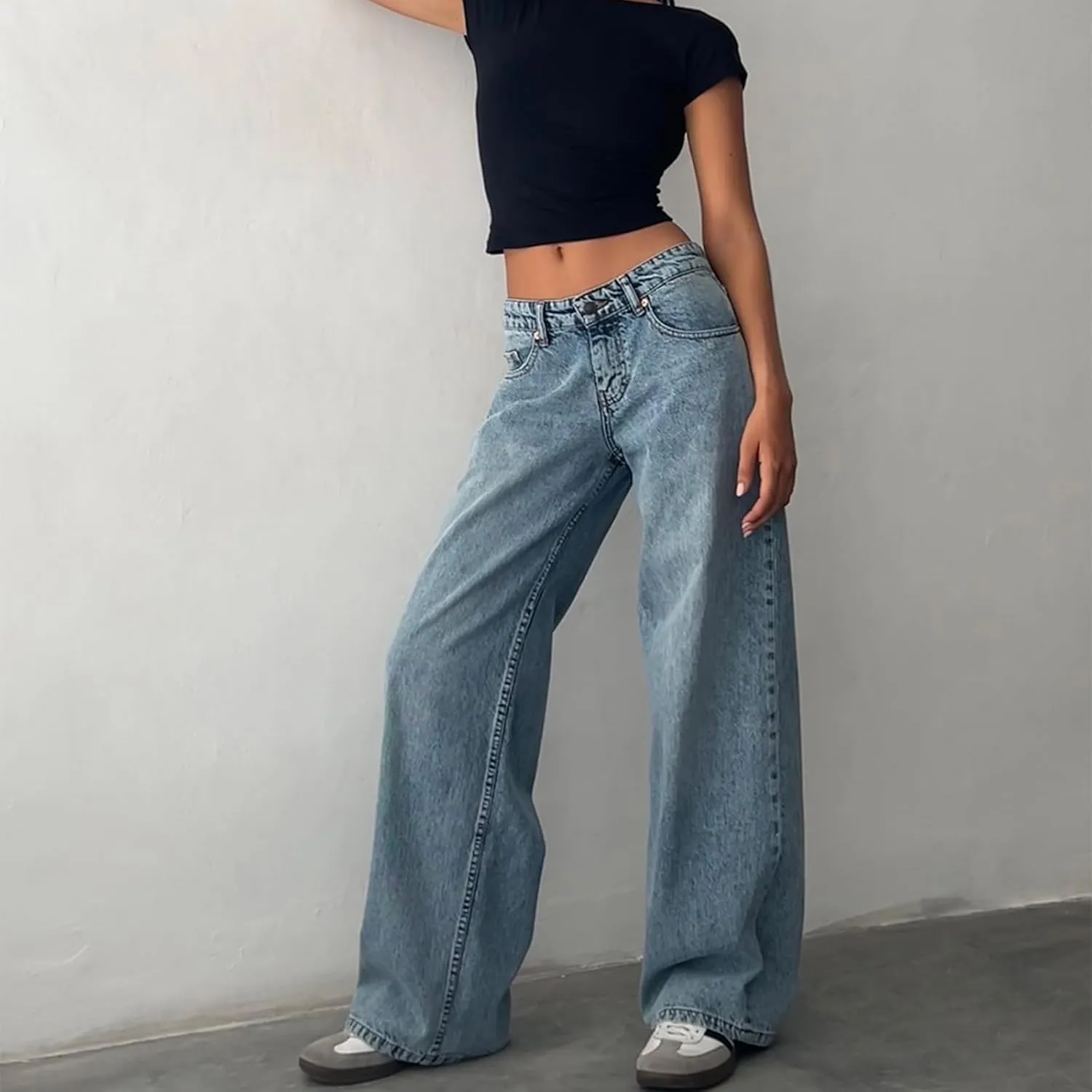 Mxiqqpltky Low Rise Jeans for Women Mom Jeans Wide Straight Leg Baggy Jeans Y2k Vintage Boyfriend Denim Pants Streetwear