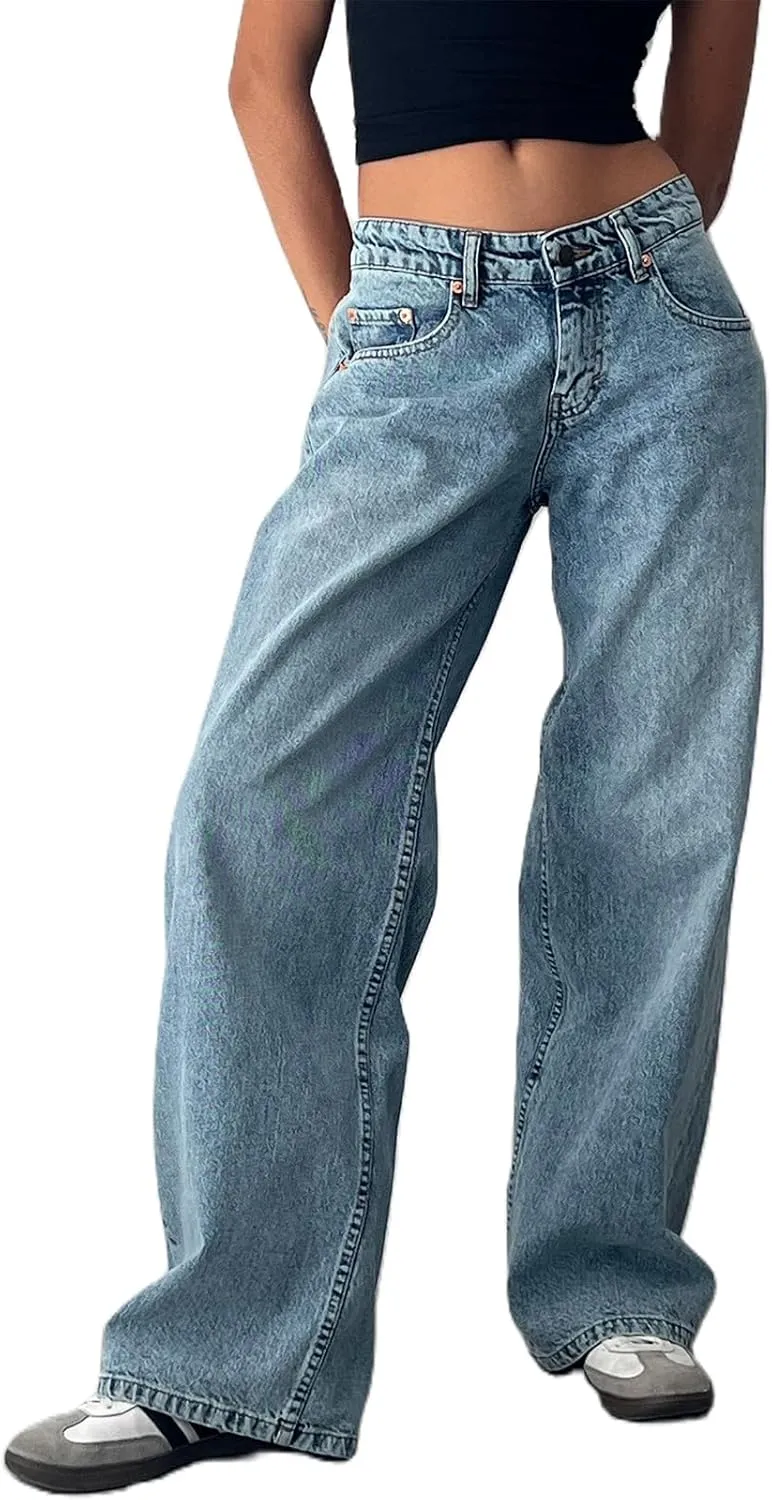 Mxiqqpltky Low Rise Jeans for Women Mom Jeans Wide Straight Leg Baggy Jeans Y2k Vintage Boyfriend Denim Pants Streetwear