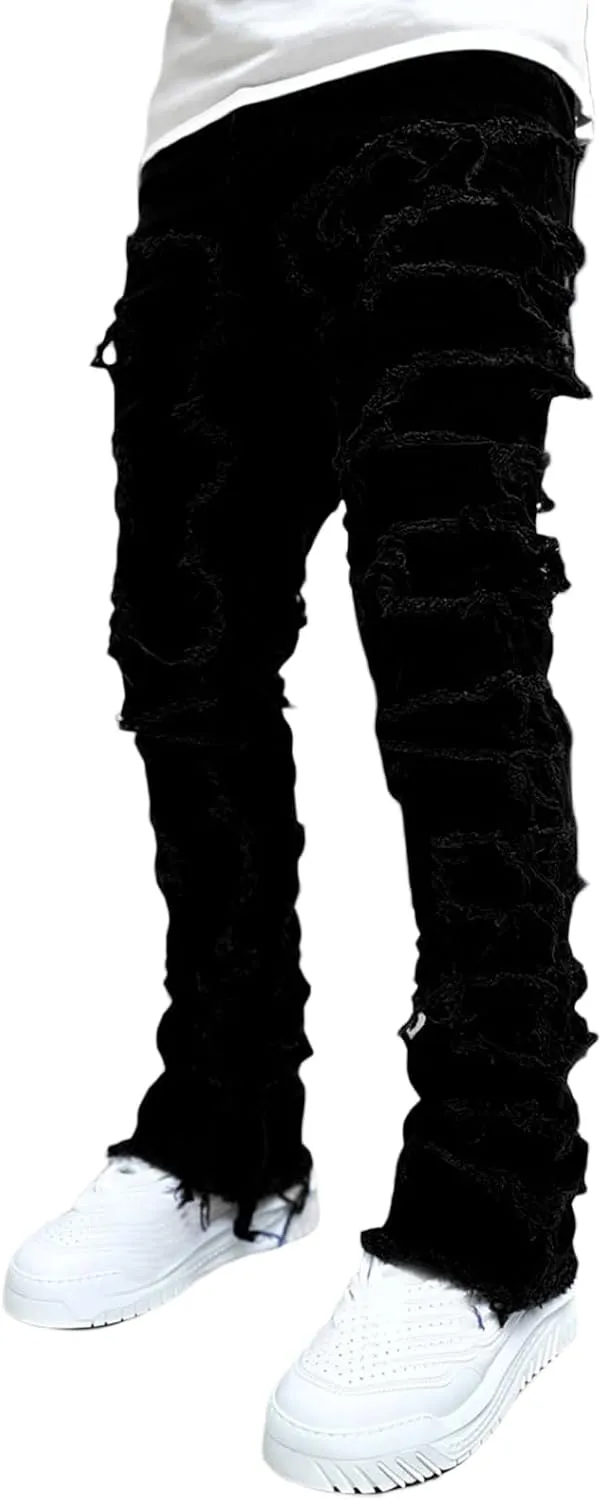 Mxiqqpltky Mens Stacked Jeans Slim Straight Black Ripped Jeans Skinny Distressed Denim Pants Destroyed Denim Jeans Streetwear