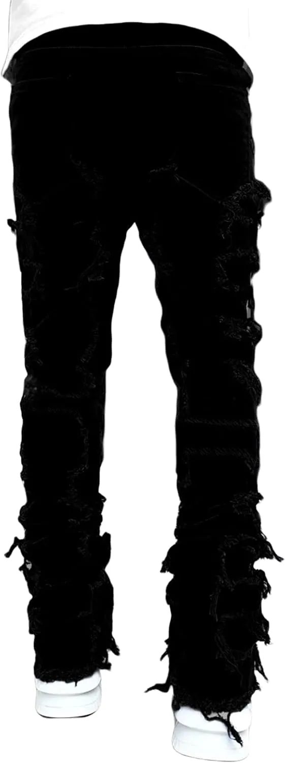 Mxiqqpltky Mens Stacked Jeans Slim Straight Black Ripped Jeans Skinny Distressed Denim Pants Destroyed Denim Jeans Streetwear