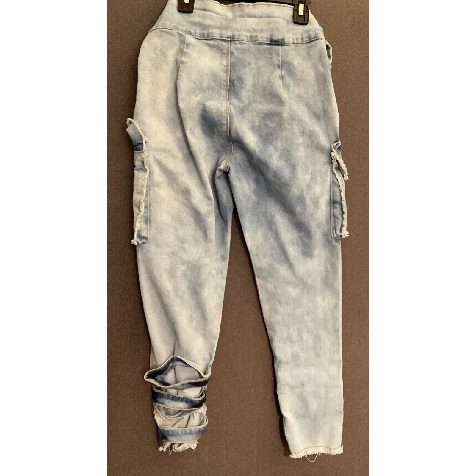 My Boo Brand Distressed High-Waisted Jeans with Tie Belt Size Small Cargo Pocket