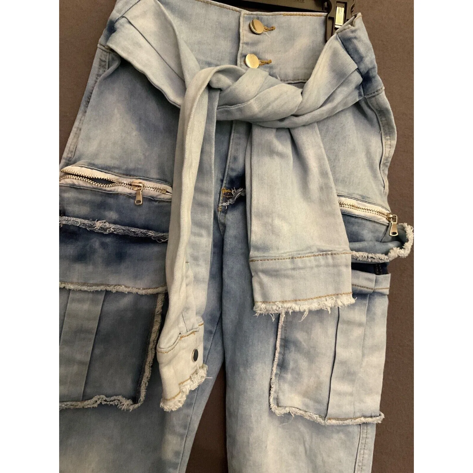 My Boo Brand Distressed High-Waisted Jeans with Tie Belt Size Small Cargo Pocket