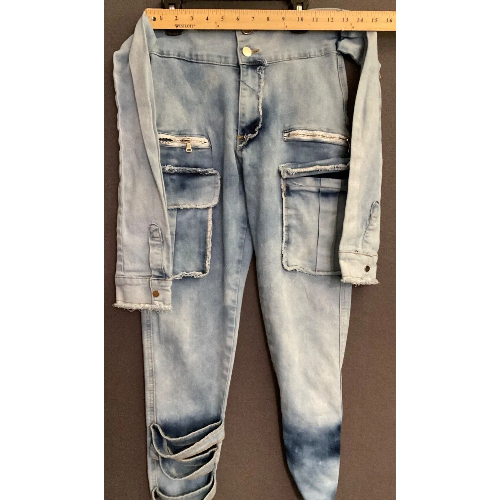 My Boo Brand Distressed High-Waisted Jeans with Tie Belt Size Small Cargo Pocket
