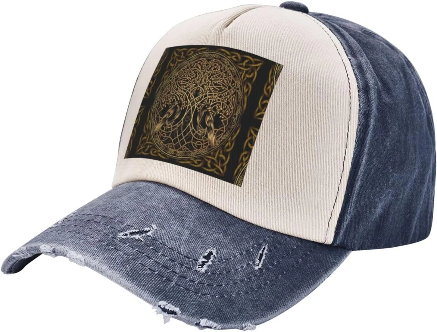 Navy Blue Golden Norse Tree of Life with Odin Ravens Distressed Baseabll Cap,Unstructured Adjustable Vintage Hat