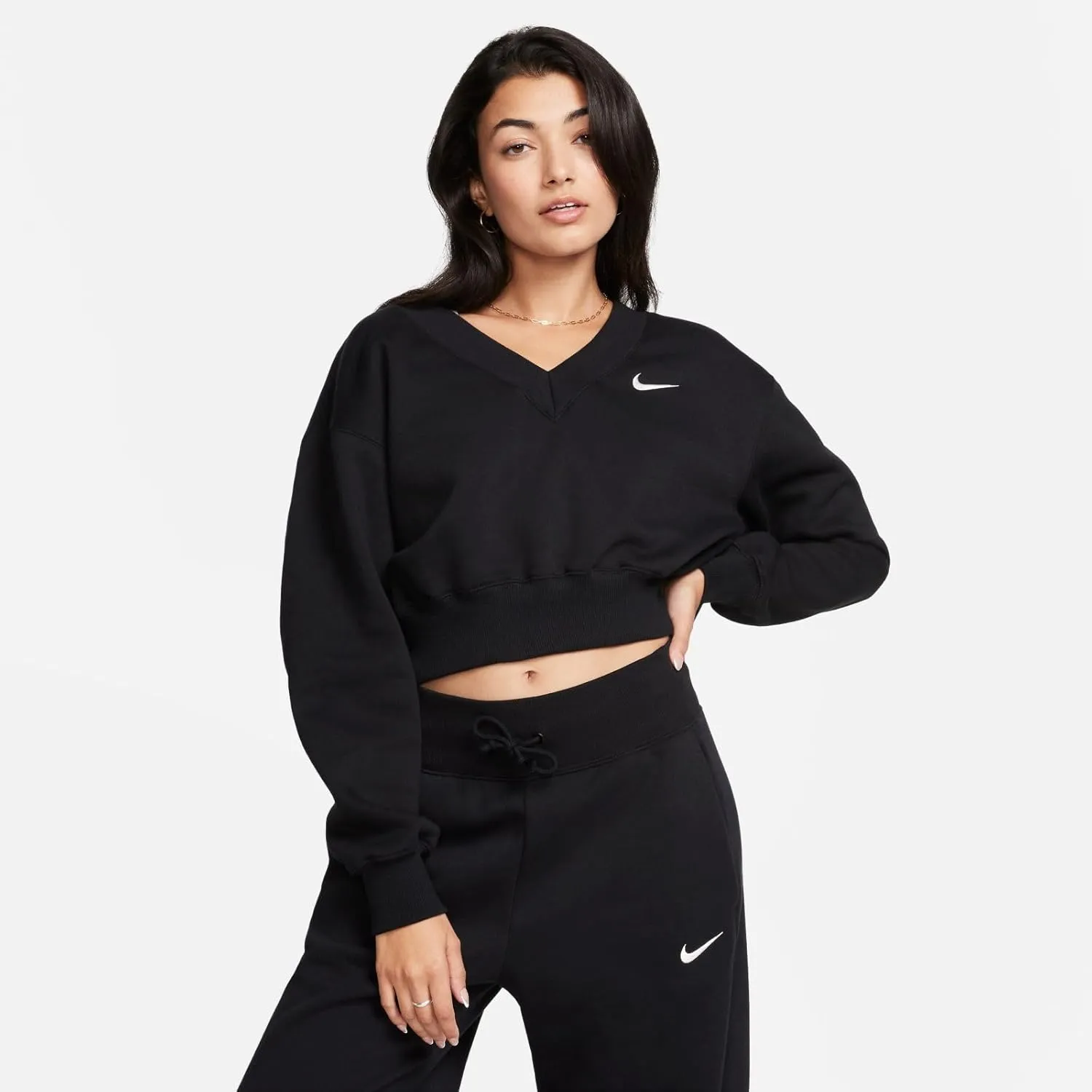 Nike Sportswear Phoenix Fleece Women's Cropped V-Neck Top (FN3651-010) (FN3651-010, Black/SAIL)