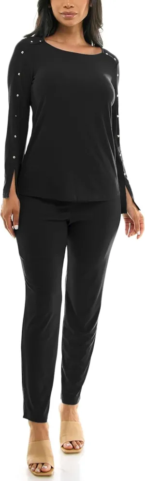 Nina Leonard Scoop Neck Embellished Shoulder Long Sleeve with Elastic Waist Pant Black/XL