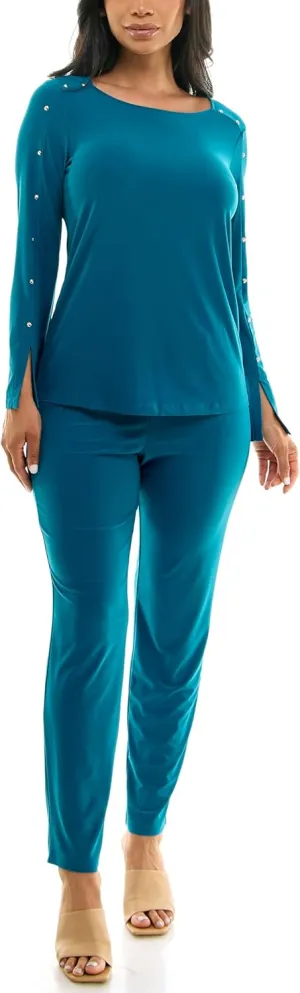 Nina Leonard Scoop Neck Embellished Shoulder Long Sleeve with Elastic Waist Pant Teal/XL