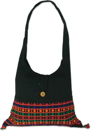 NOVICA Hand Embroidered Cotton Shoulder Bag India 'Vibrant Tease'