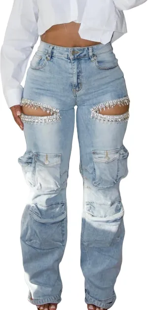 NRTHYE Womens High Waist Rhinestones Cargo Jeans Sexy Ripped Straight Leg Stretch Distressed Denim Trousers Pants
