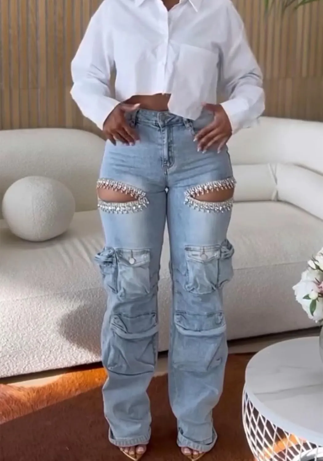 NRTHYE Womens High Waist Rhinestones Cargo Jeans Sexy Ripped Straight Leg Stretch Distressed Denim Trousers Pants