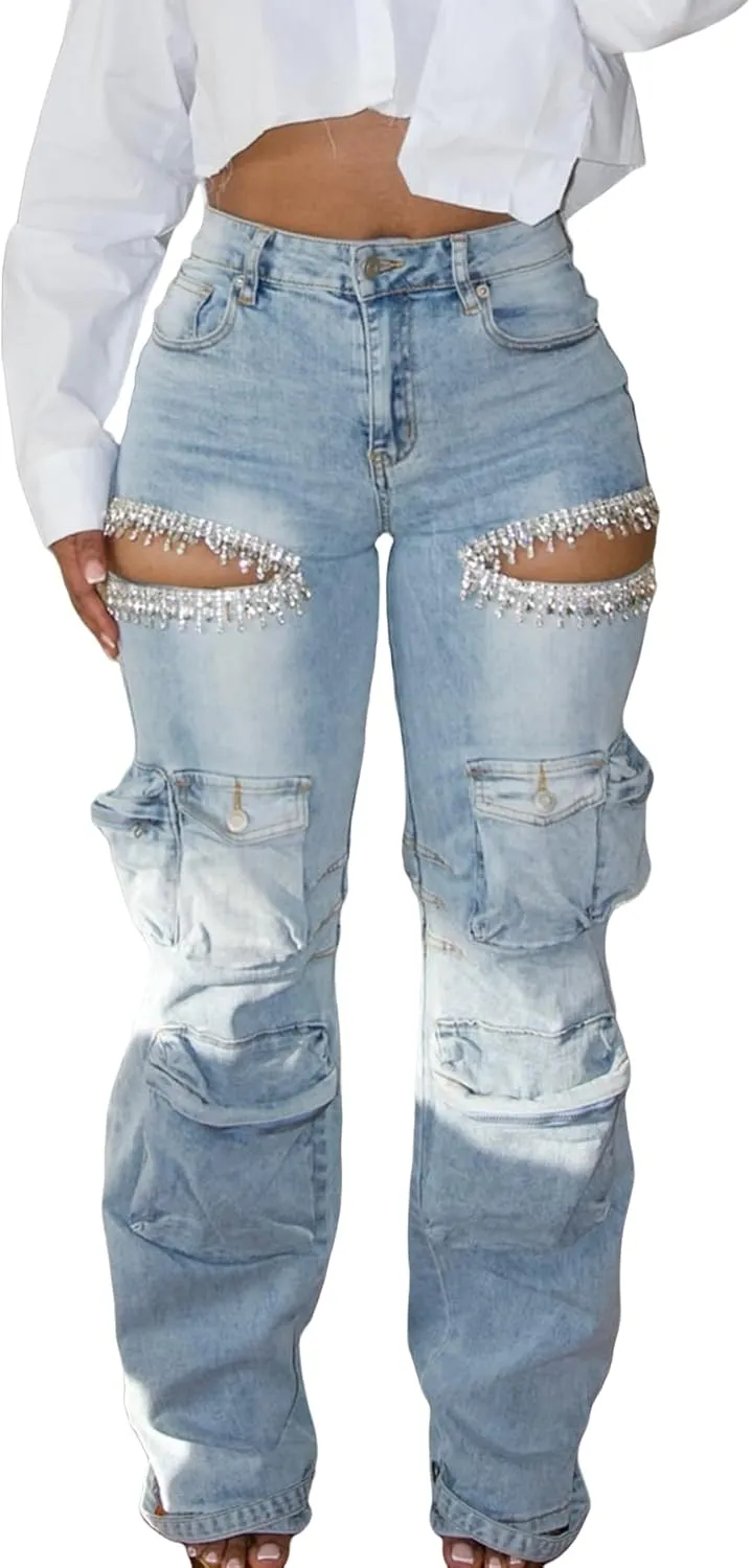 NRTHYE Womens High Waist Rhinestones Cargo Jeans Sexy Ripped Straight Leg Stretch Distressed Denim Trousers Pants