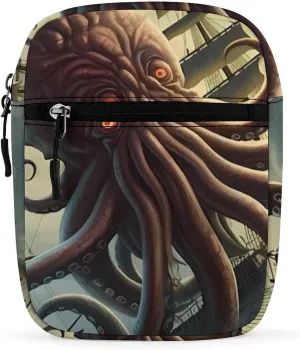 Octopus Monster Storm Waves and Sailors Ship Small Crossbody Purse Cute Travel Shoulder Bag with Adjustable Strap for Men Women