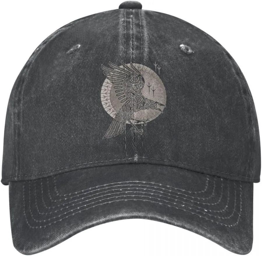 Odin Crow Denim Baseball Cap, Viking Raven Vintage Distressed Cotton Dad Hat for Men Women, Adjustable Golf Running Hat