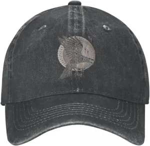 Odin Crow Denim Baseball Cap, Viking Raven Vintage Distressed Cotton Dad Hat for Men Women, Adjustable Golf Running Hat