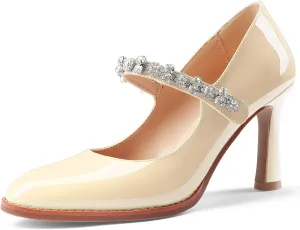 Oh Mispares Pointed Toe Heels for Women Mary Jane Stiletto Pumps Patent Leather Rhinestone Strap 3.5 Inch Dress Shoes for Wedding Party Prom