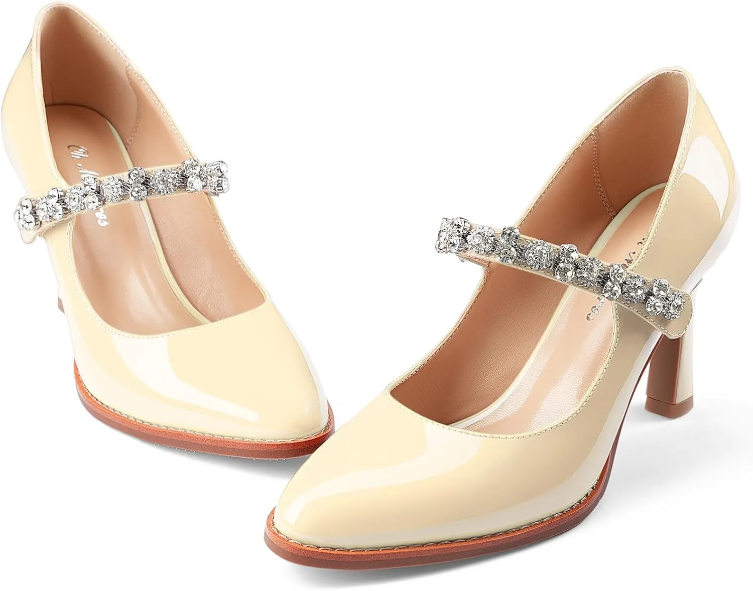 Oh Mispares Pointed Toe Heels for Women Mary Jane Stiletto Pumps Patent Leather Rhinestone Strap 3.5 Inch Dress Shoes for Wedding Party Prom