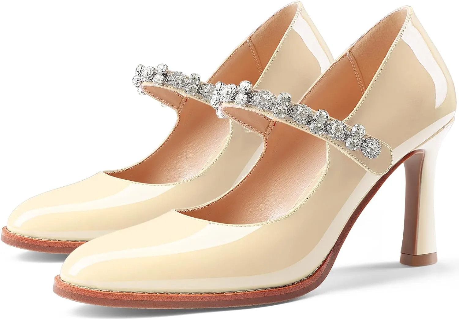 Oh Mispares Pointed Toe Heels for Women Mary Jane Stiletto Pumps Patent Leather Rhinestone Strap 3.5 Inch Dress Shoes for Wedding Party Prom
