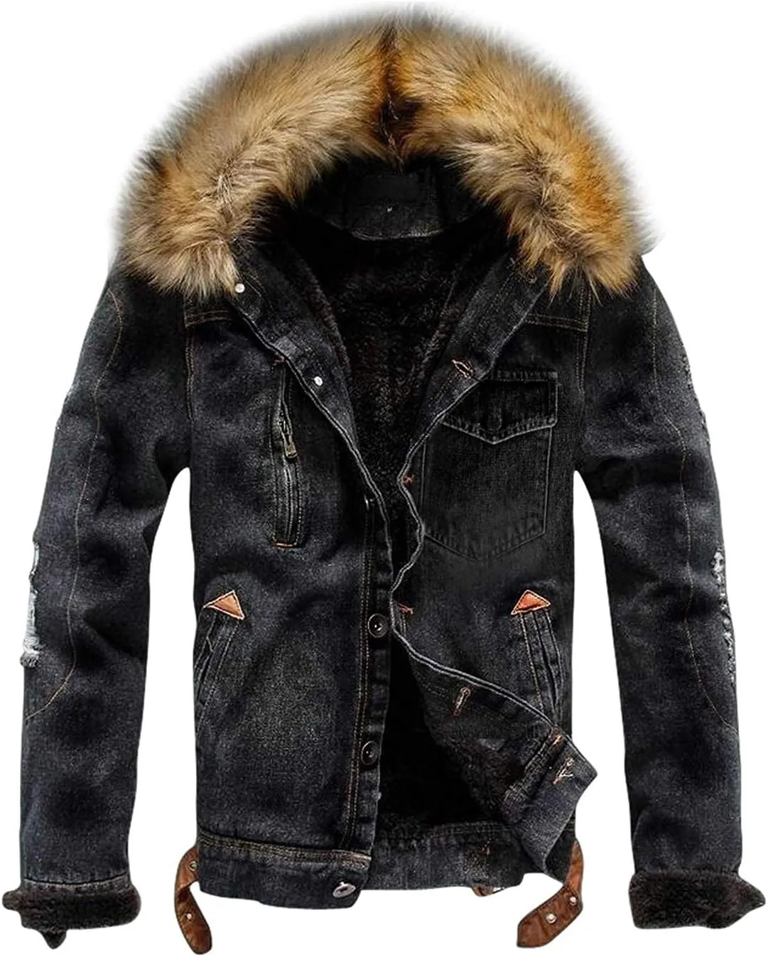 Omoone Men's Faux Fur Collar Sherpa Fleece Lined Distressed Denim Trucker Jacket