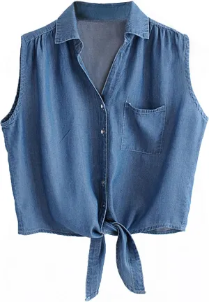 Omoone Women's 3/4 Sleeve Denim Crop Top Tie Knot Shirt Cardigan