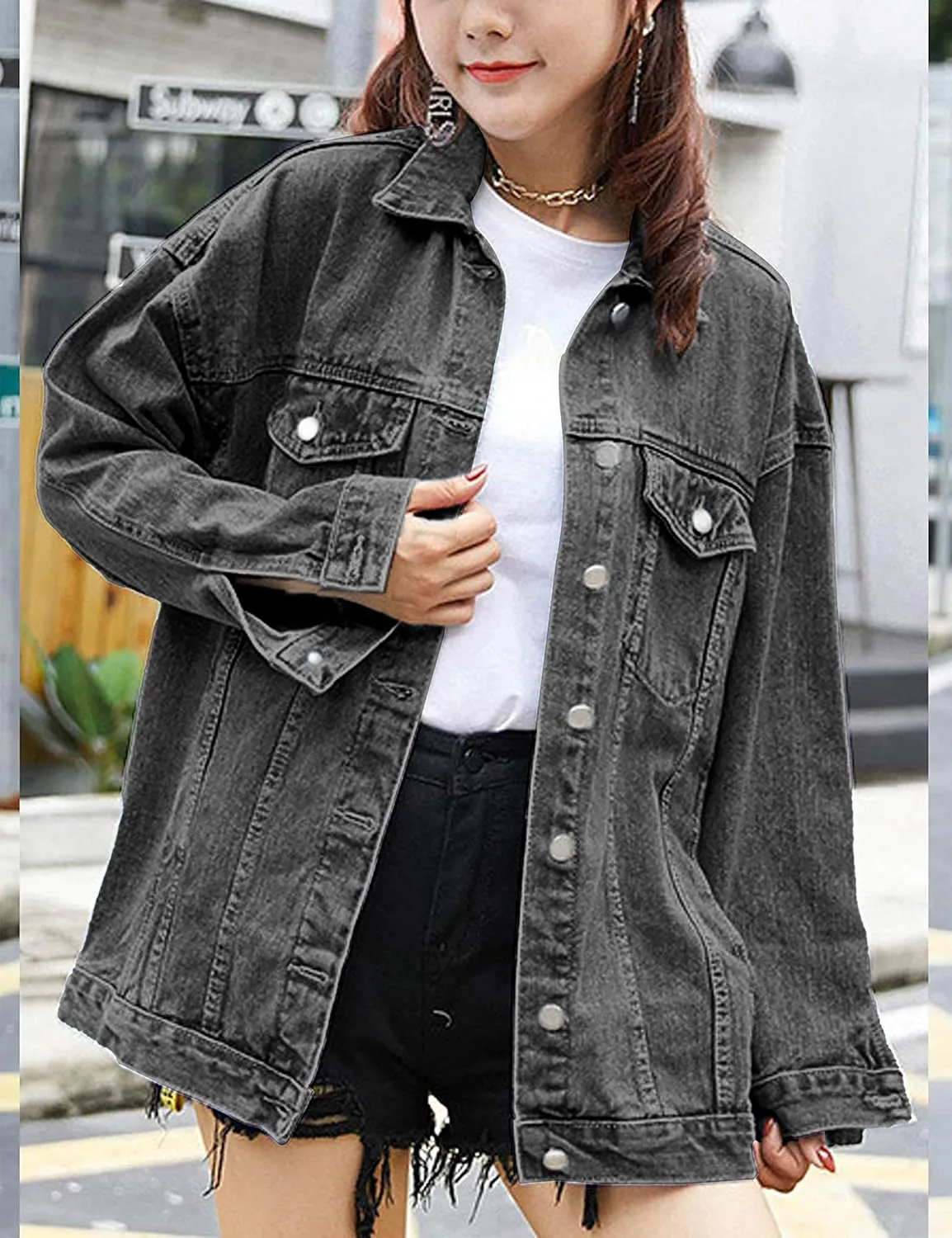 Omoone Women's Oversized Mid Long Denim Jacket Jean Biker Coat