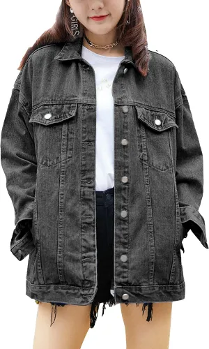 Omoone Women's Oversized Mid Long Denim Jacket Jean Biker Coat