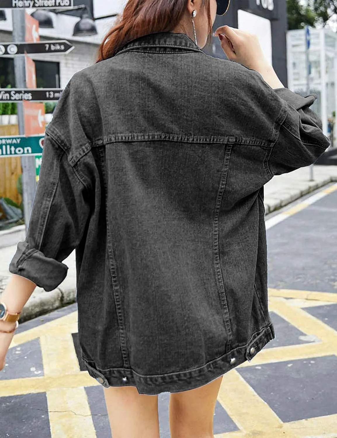 Omoone Women's Oversized Mid Long Denim Jacket Jean Biker Coat