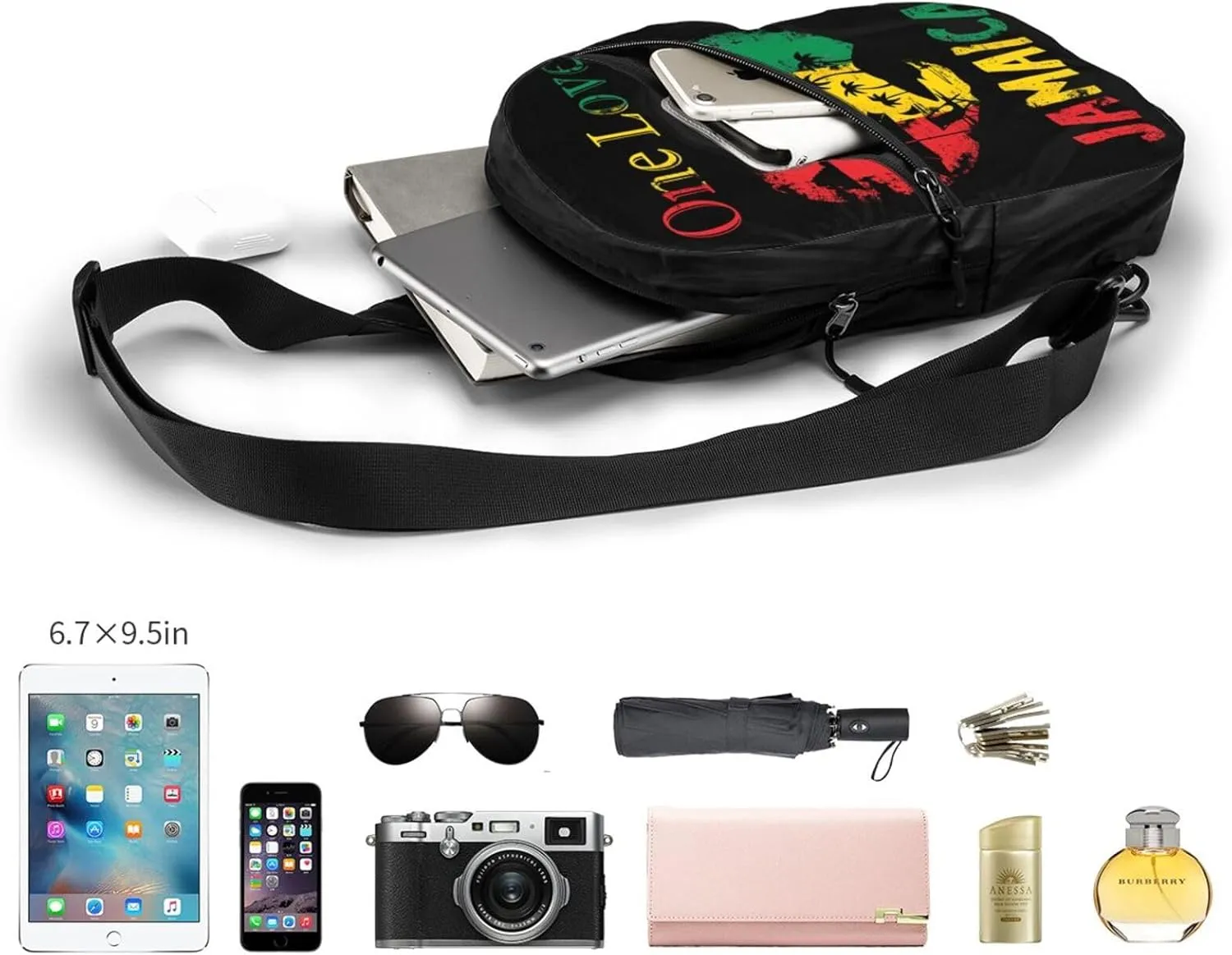 One Loves Jamaican Rasta Reggae Seaside Vacation Portable Sling Bags Packable Crossbody Bag Foldable Sport Daypack Reusable Shoulder Backpack Diagonally Chest Bag for Workout Travel