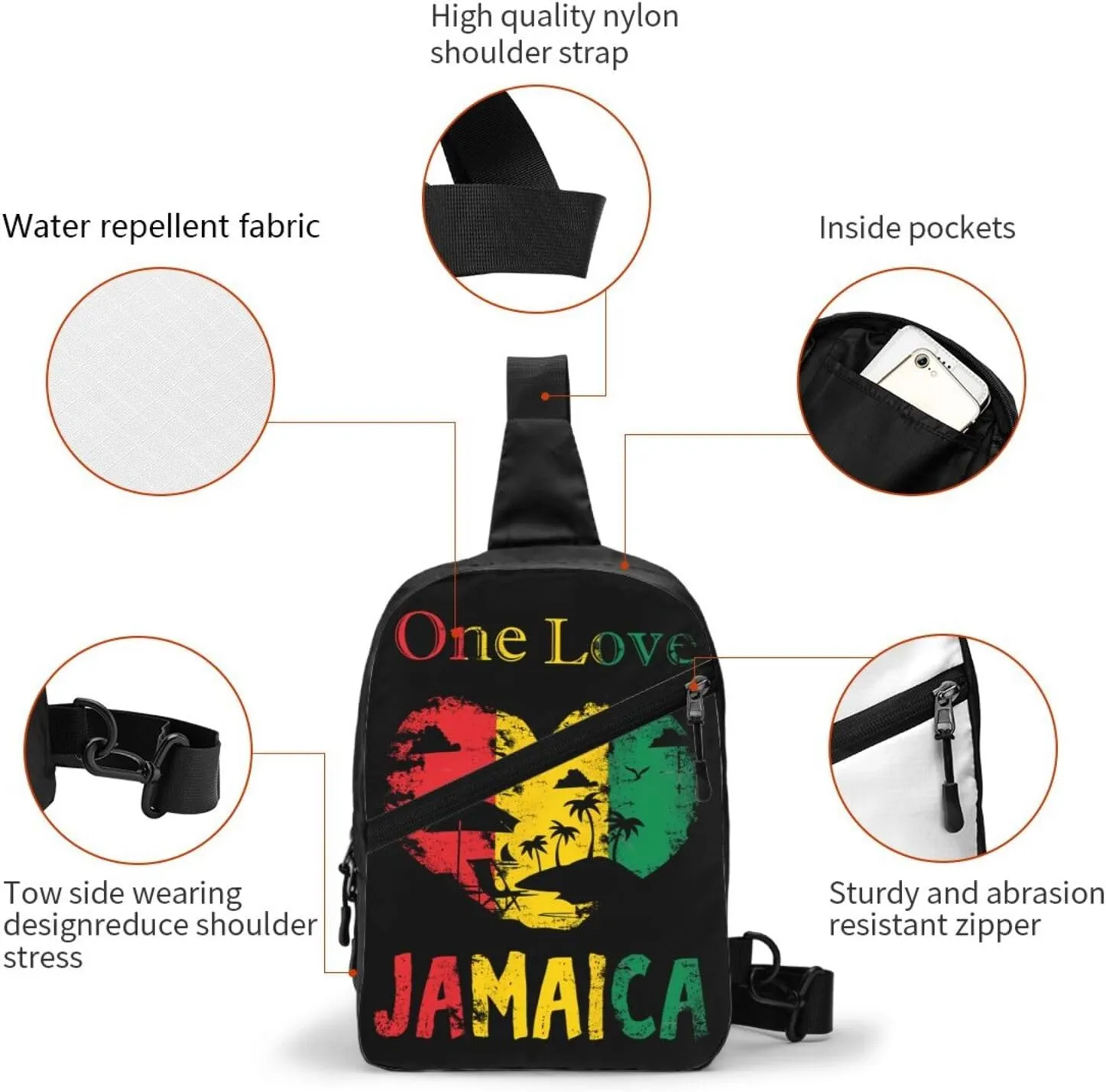 One Loves Jamaican Rasta Reggae Seaside Vacation Portable Sling Bags Packable Crossbody Bag Foldable Sport Daypack Reusable Shoulder Backpack Diagonally Chest Bag for Workout Travel