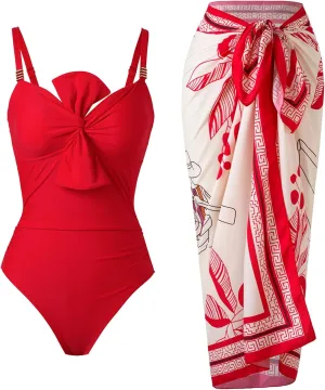 One Piece Swimsuit for Women with Cover Up Set Retro Bathing Suit Tummy Control Knot Swimwear Beach Wrap Skirt