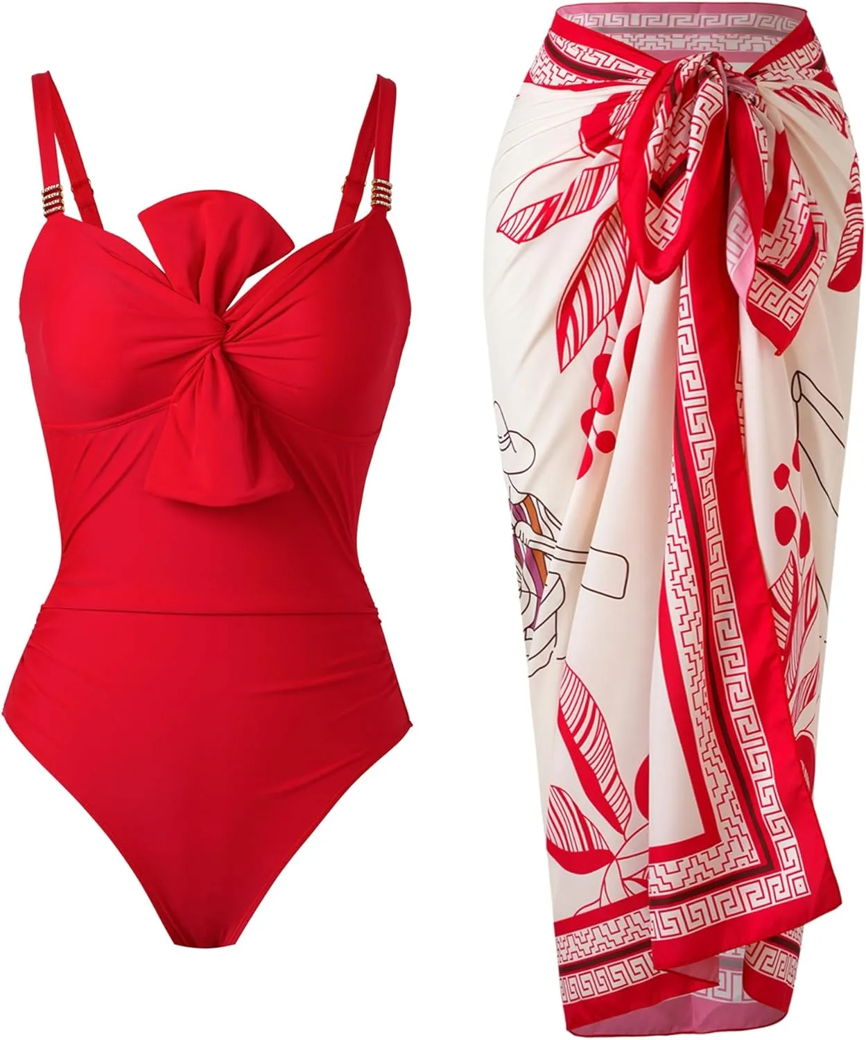 One Piece Swimsuit for Women with Cover Up Set Retro Bathing Suit Tummy Control Knot Swimwear Beach Wrap Skirt