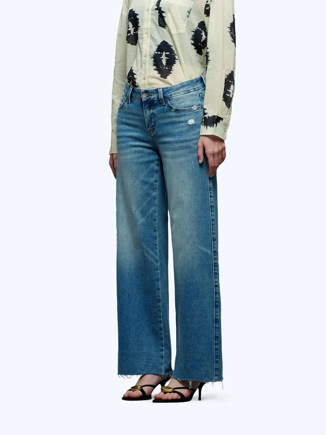 ONESO Mid-Low Rise Baggy Jeans Wide Leg for Women Distressed Pants Stretchy Bottom Lady Basic Comfortable Denim
