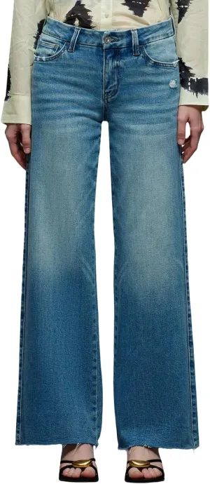 ONESO Mid-Low Rise Baggy Jeans Wide Leg for Women Distressed Pants Stretchy Bottom Lady Basic Comfortable Denim