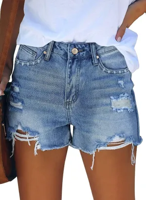 onlypuff Women's Ripped Mid Waisted Denim Shorts with Pockets