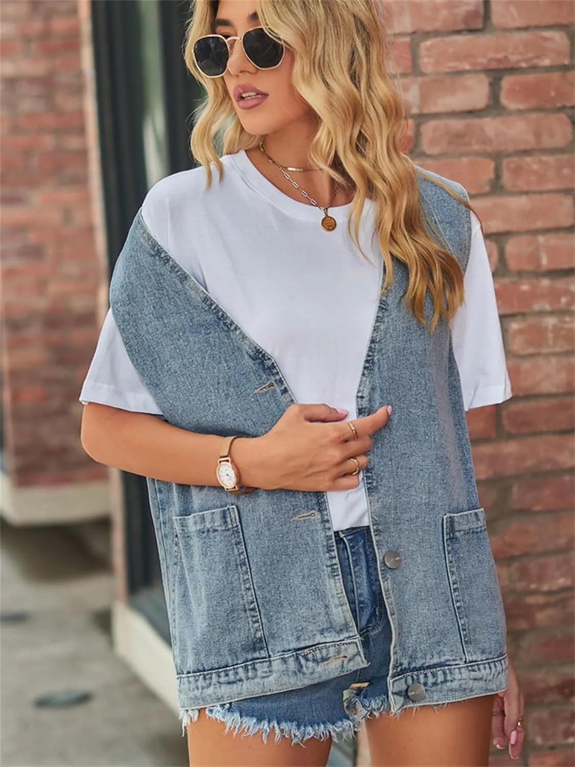 PAODIKUAI Women's Oversized Denim Vest Mid Long Jean Vest Sleeveless Jackets Distressed Vest Cotton