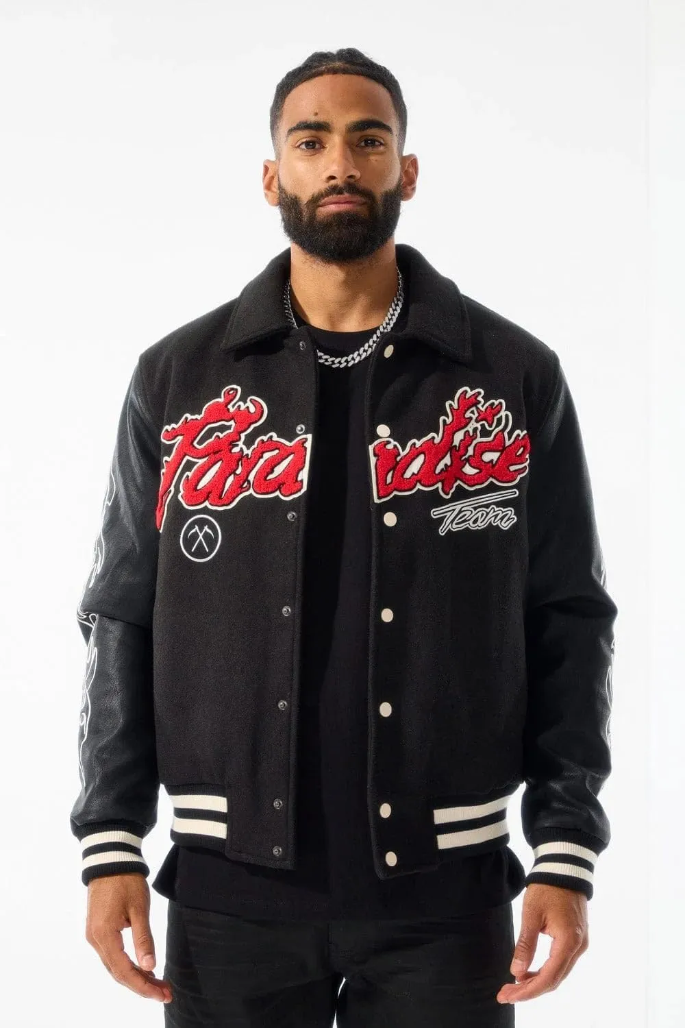 Paradise Tour Black Varsity Jacket, Embroidered Flames and Tribal Design