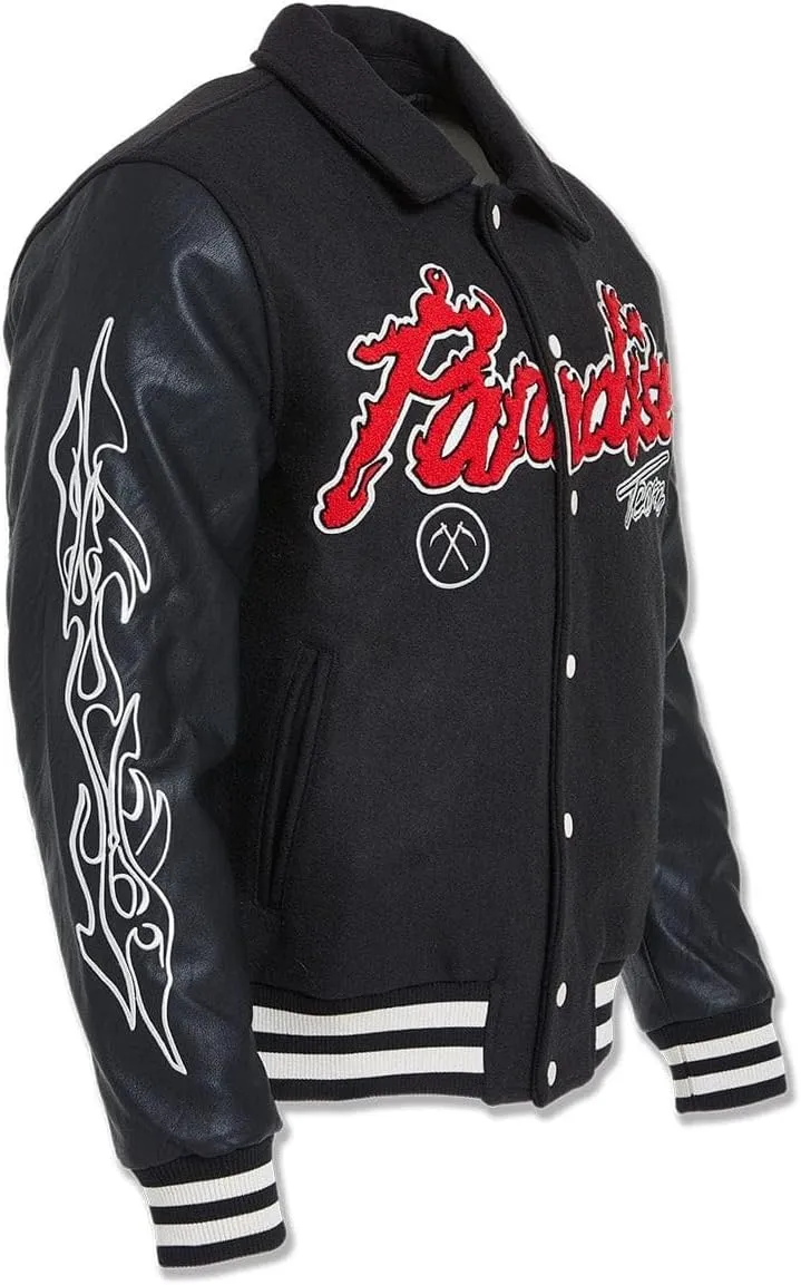 Paradise Tour Black Varsity Jacket, Embroidered Flames and Tribal Design