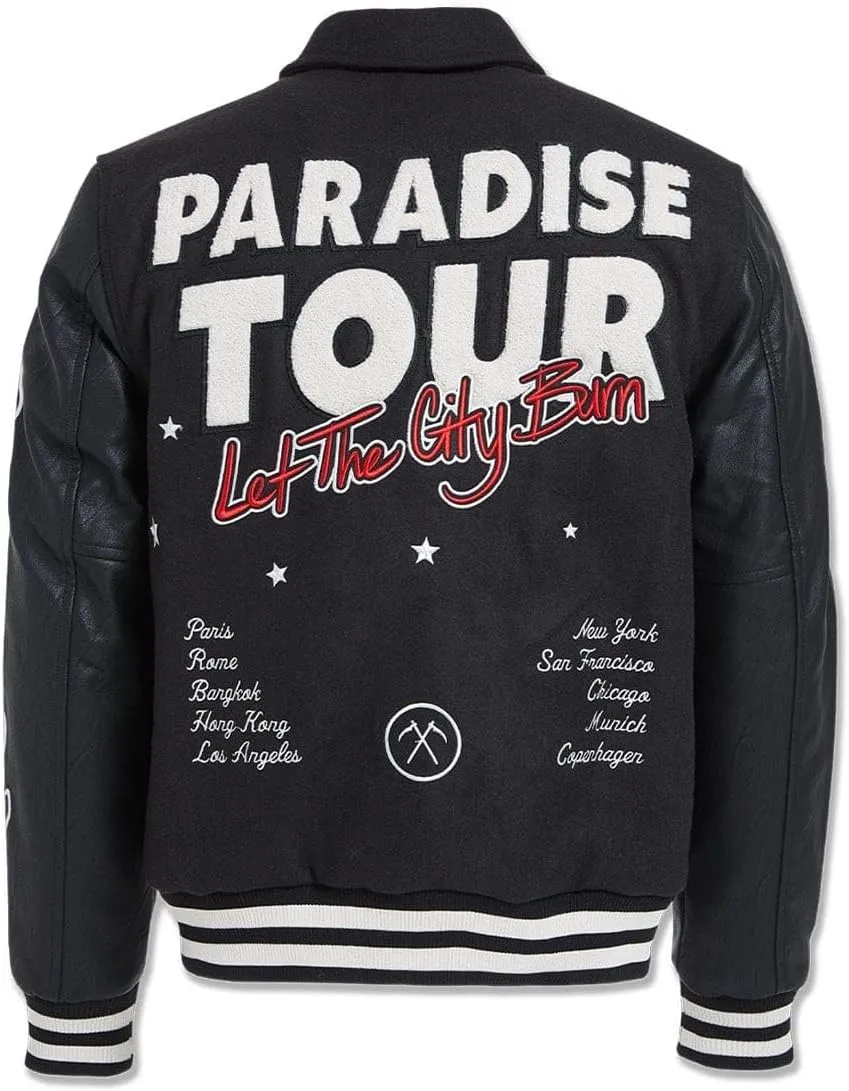 Paradise Tour Black Varsity Jacket, Embroidered Flames and Tribal Design