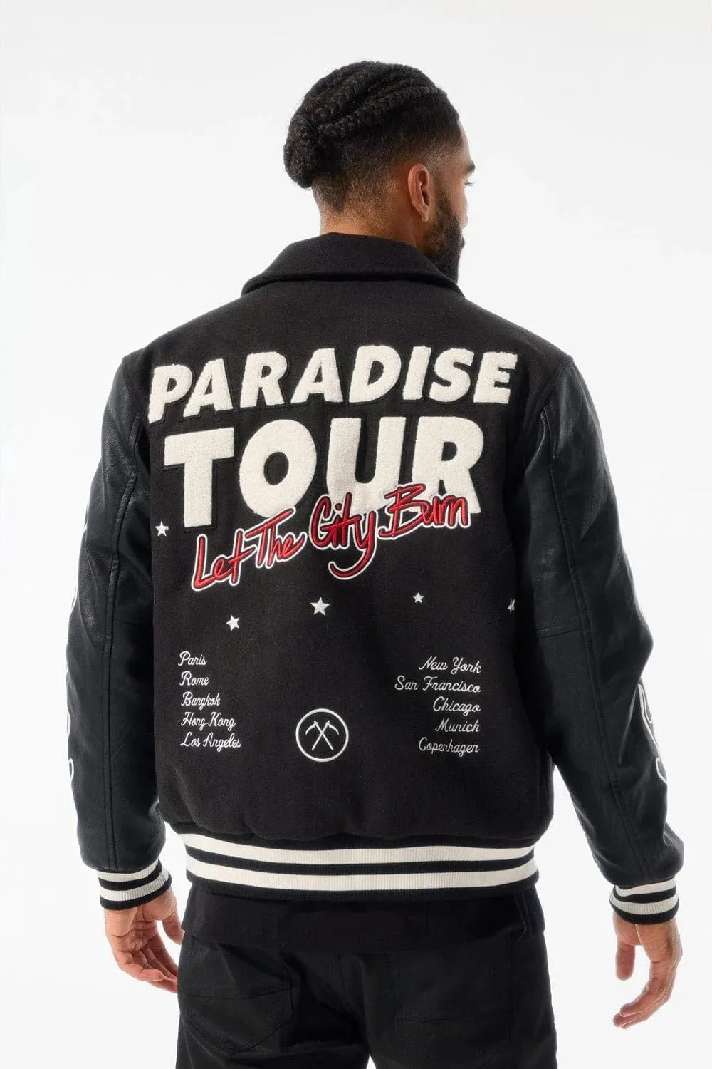 Paradise Tour Black Varsity Jacket, Embroidered Flames and Tribal Design