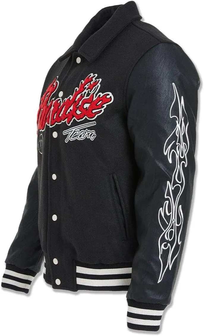 Paradise Tour Black Varsity Jacket, Embroidered Flames and Tribal Design