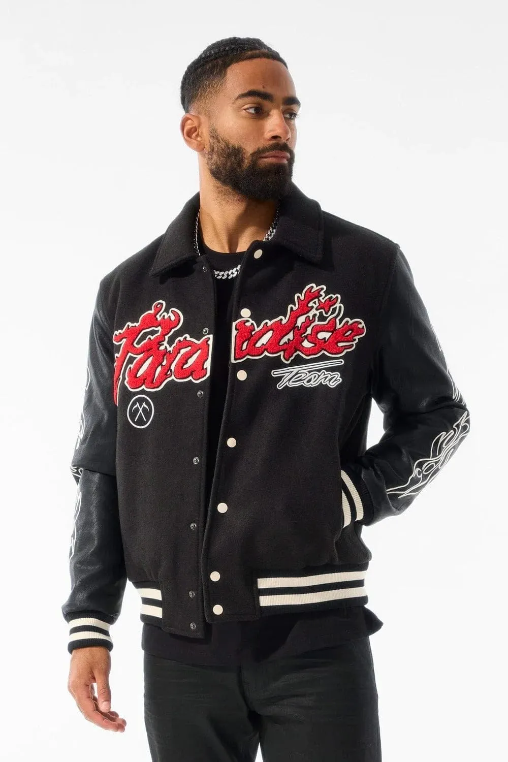 Paradise Tour Black Varsity Jacket, Embroidered Flames and Tribal Design