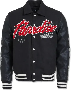Paradise Tour Black Varsity Jacket, Embroidered Flames and Tribal Design