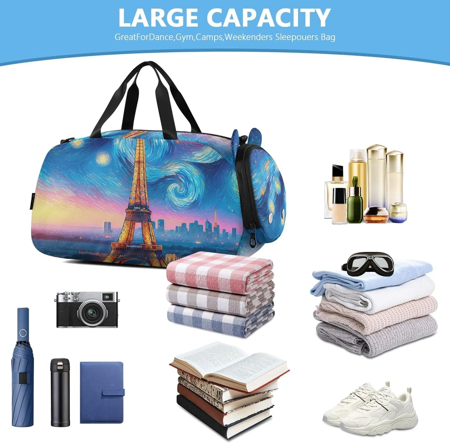 Paris Eiffel Tower Starry Night Duffle Bags for Traveling Tote Overnight Weekender Duffel Carry on Duffel for Boys Dance Duffle Bag