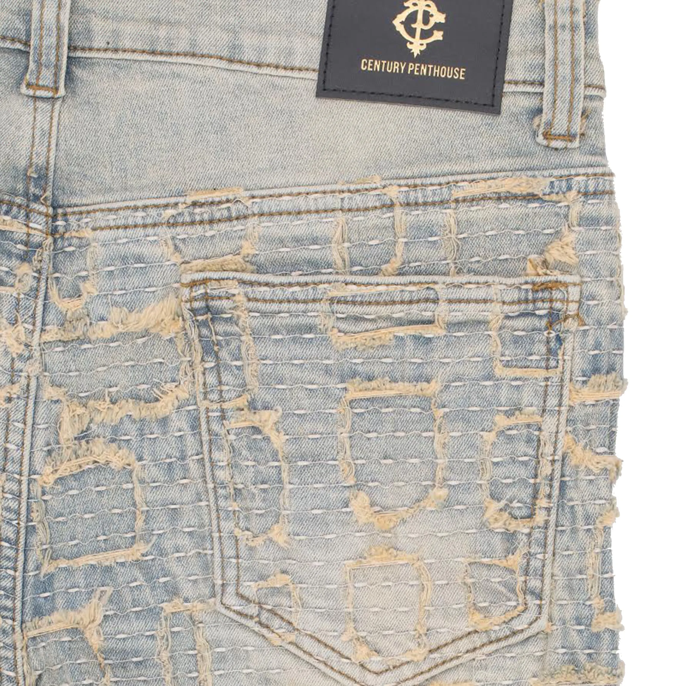 Patchwork Distressed Denim Jacket   Jeans SET - TAN